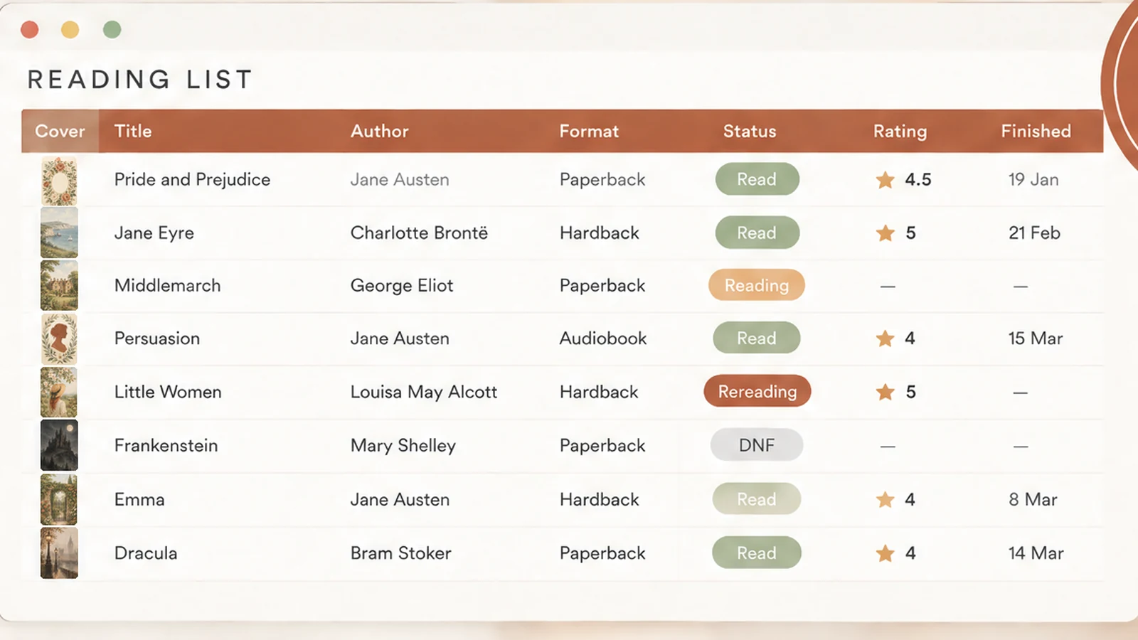 What a 14-Tab Book Tracker Looks Like: the Reading List tab with status, format, half-star rating and finished date per book