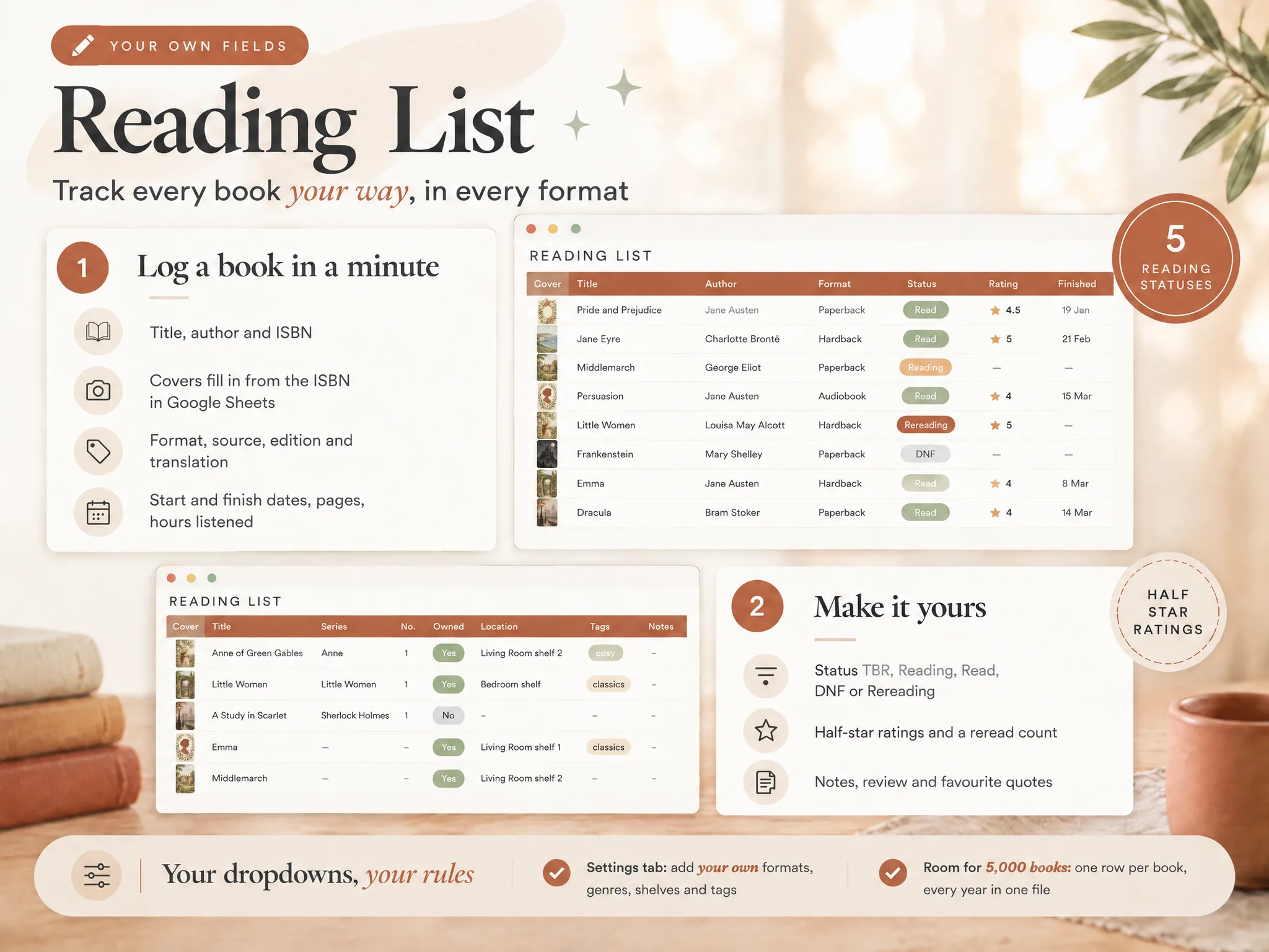 Ultimate Book Tracker Reading List screenshot showing book fields for status, format, dates, ratings, and reading details.