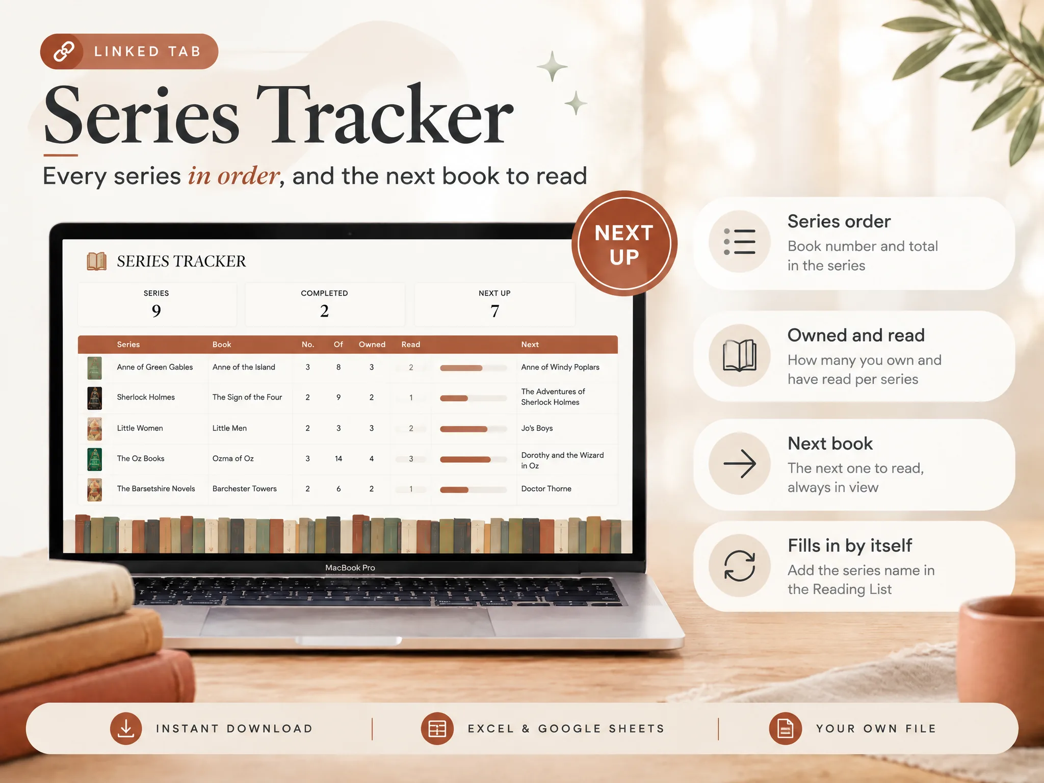 Ultimate Book Tracker Series Tracker screenshot showing series order, books read, and next titles.