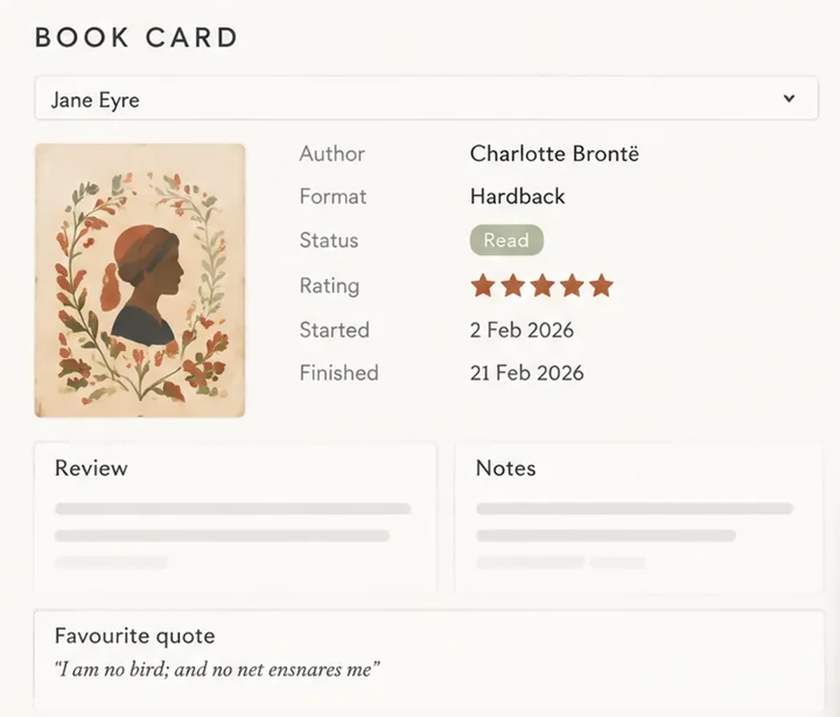 Six Ways: Ultimate Book Tracker book card for Jane Eyre showing author, format, status, rating, dates, review, notes and a favourite quote