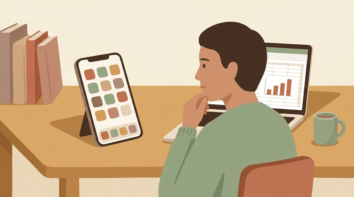 Why Readers Leave Goodreads: a reader at a desk weighing a phone full of plain app icons against one open spreadsheet with a bar chart