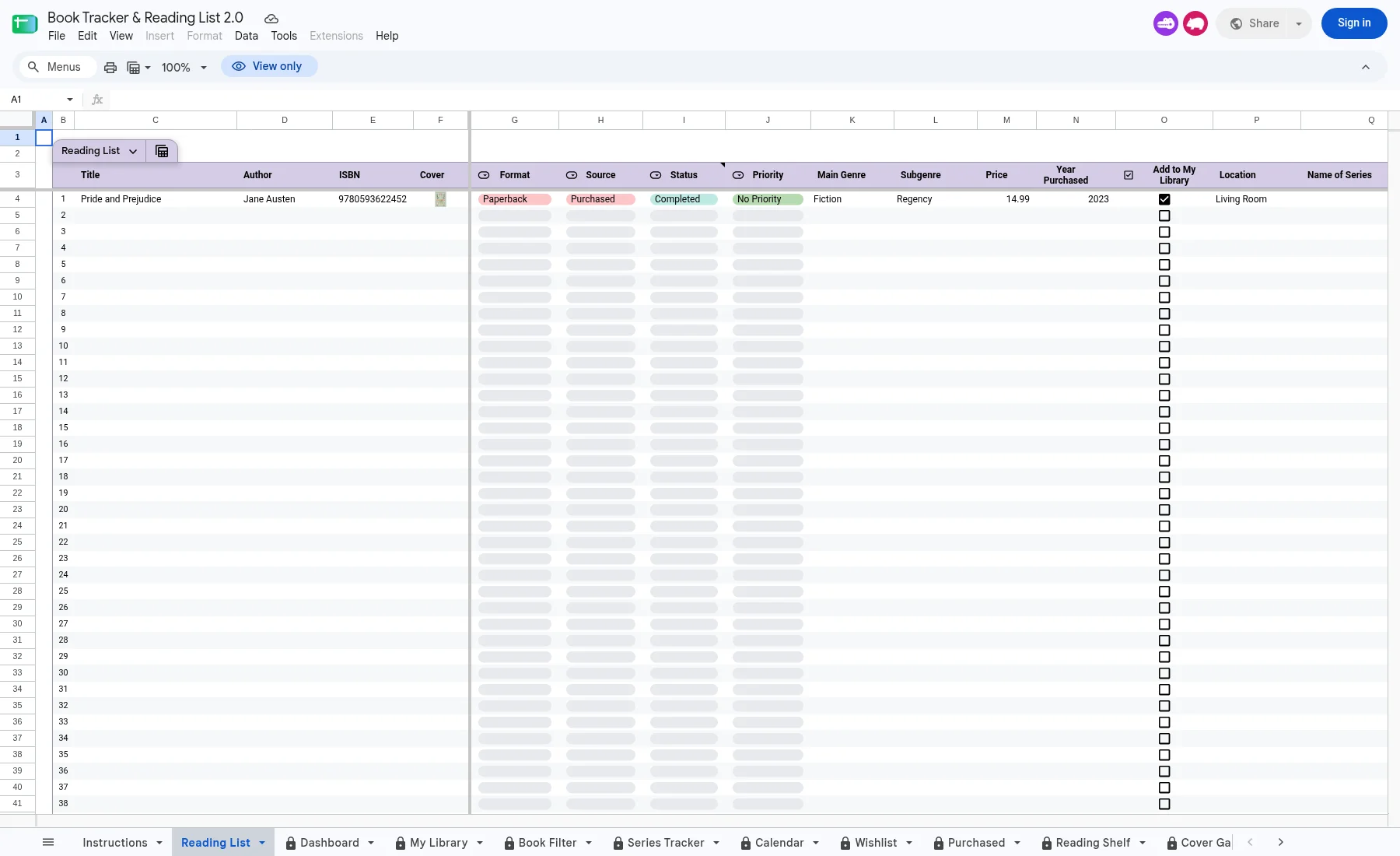 Delivered Book Tracker Reading List tab with its supplied example row and tracking fields.