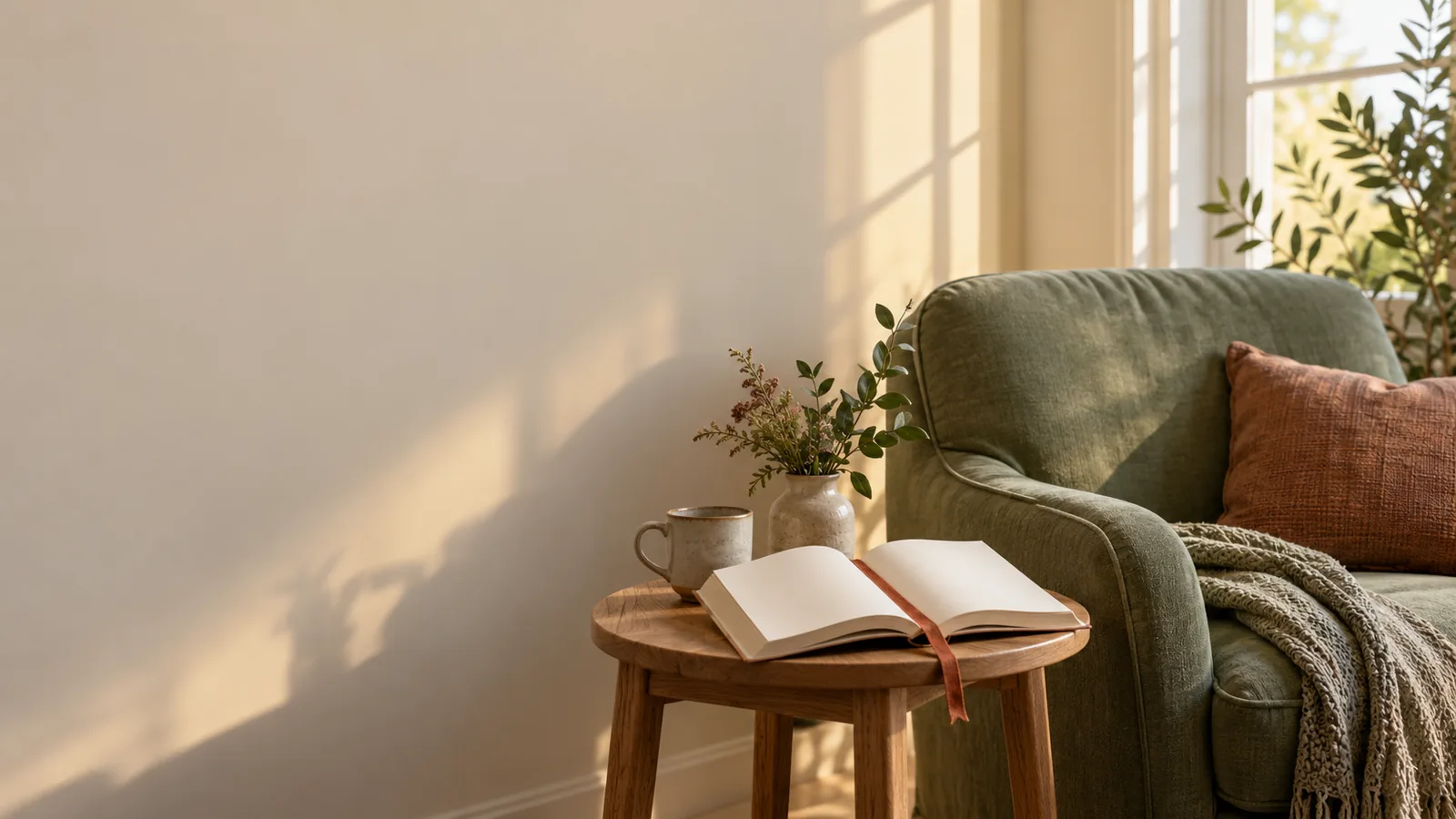 A paperback left open beside a reading chair and a window, ready for a quiet moment