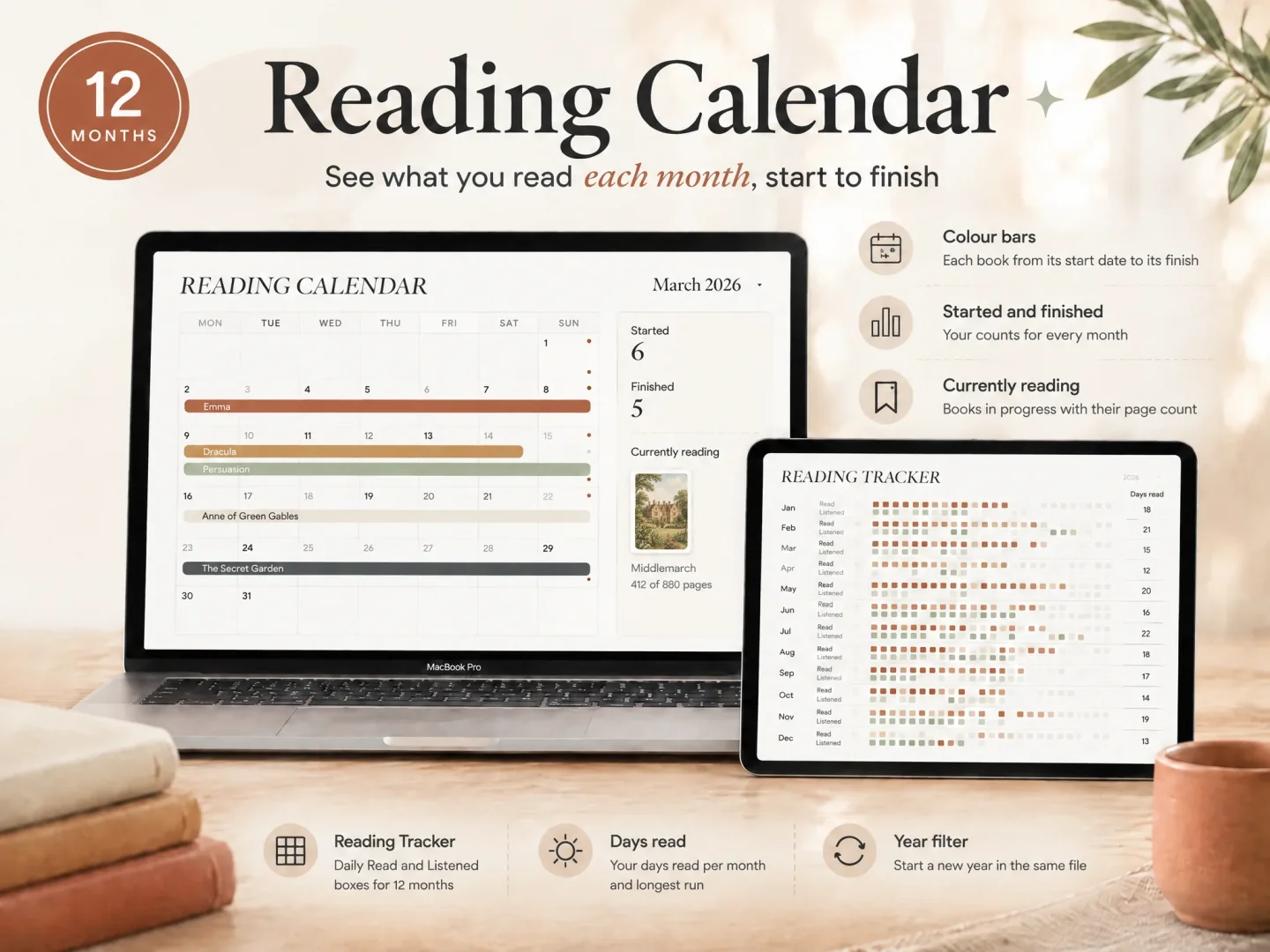 Reading Calendar screenshot showing the yearly grid for logging reading sessions.
