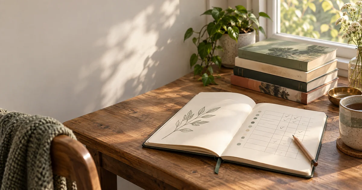 An open reading journal and pencil on a sunlit desk beside a stack of books