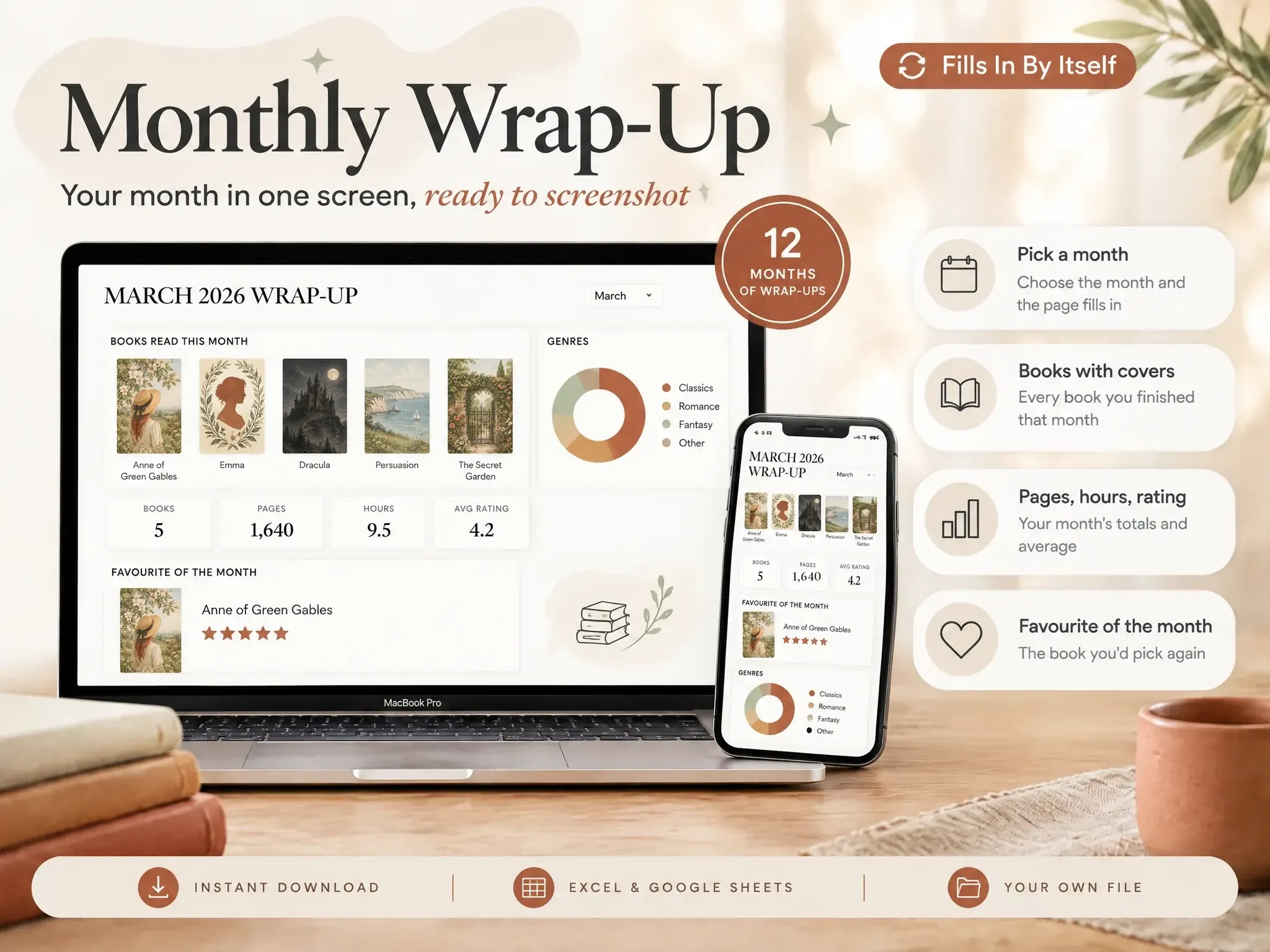 Ultimate Book Tracker Monthly Wrap-Up screenshot with books, pages, and reading totals.